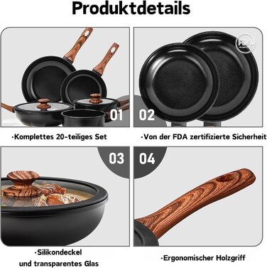 Набір каструль LEADZM з керамічним покриттям (22 частини) - сумісний з усіма плитами, без PFOA/PFOS, бежевий + чорний та натуральний кольори