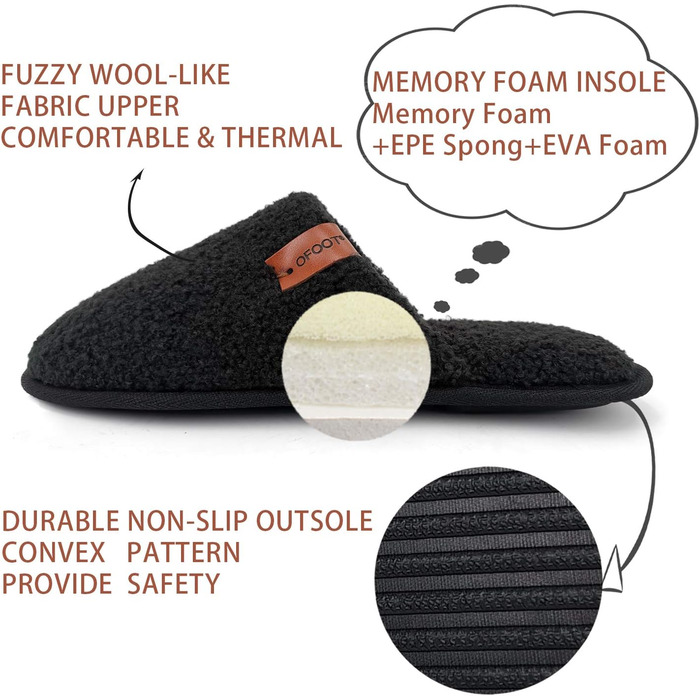 Жіночі теплі пухнасті домашні тапочки Oofoot з пам'яттю піни, антиковзкі гумові підошви (39/40 EU, Чорний)
