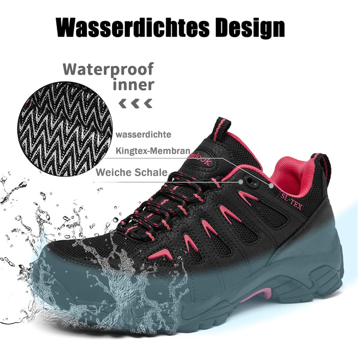 Туфлі для хайкінгу SHULOOK для жінок, водонепроникні, легкі, трекінгові, гірські, для активного відпочинку, кемпінгу, риболовлі, чорні, червоні, 39 EU