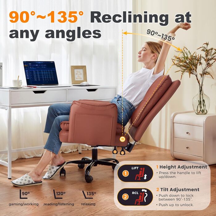 Офісний крісло IWMH з PU шкіри, ергономічний, регульований, з підлокітниками та реклінером 90-135° (колір: коричневий)