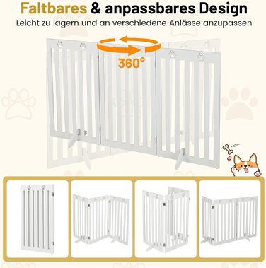 Захисний бар'єр для собак Costway 89 см, дерев'яне огорожа, дитяче ворота, розкладне, для захисту сходів, гнучкий бар'єр (3 панелі, білий)