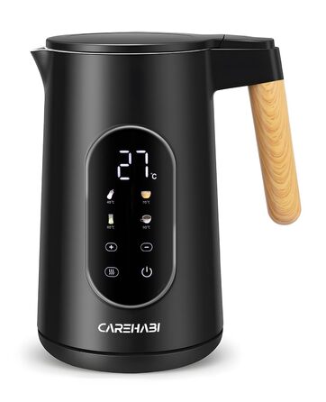 Електричний чайник Carehabi з регулюванням температури, 1.7 л, нержавіюча сталь, чорний, 40°C-100°C, 2200W, LED дисплей, подвійні стінки, функція підтримки тепла