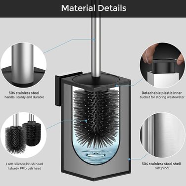 Набір для чищення унітазу WAVEWO з кріпленням на стіну, силіконова щітка та тримач, квадратна щітка з нержавіючої сталі 304, 2 насадки (срібна)