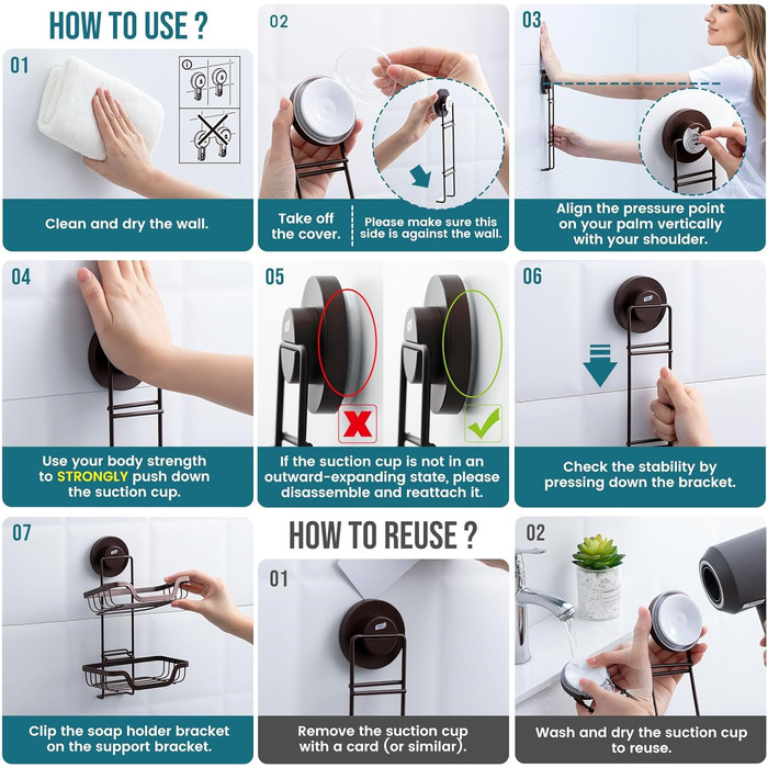 TAILI Shower Soap Dish with Drain and Hook, MAX Holds 5 KG, Stainless Steel Soap Dishes No Drilling, Bathroom Soap Holder Wall Mount, Double Soap Holder with Suction Cup, Sponge Holder, Brown