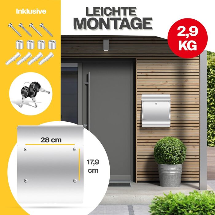 Поштовий ящик настінний KESSER® XXL нержавіюча сталь срібний з газетницею, замок + 3 ключі, вологостійкий, порошкове покриття