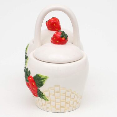 Dolomite sugar bowl with strawberry relief, size approximately 16.5 x 9.7 x 14 cm, 14