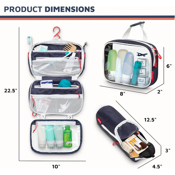 Набір туалетних сумок для подорожей: підвісна сумка + 3 сумки для рідин TSA + органайзер для аксесуарів, білий рипстоп (темно-синій)