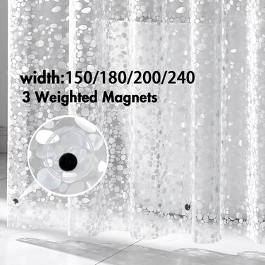 Штора для ванної MIULEE 180x180 см, прозора з 3D камінням, антигрибкова, з магнітами та кільцями (1 шт)