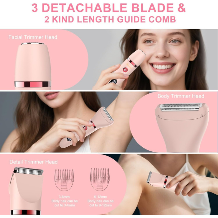 Електричний жіночий триммер 3-в-1 для обличчя, тіла та зони бікіні. Вологостійкий, з LCD-дисплеєм, рожевий