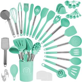 Набір кухонних помічників 45 предметів: силіконове кухонне приладдя, тримач, вінчик з нержавіючої сталі, половник, лопатка, придатне для миття в посудомийній машині, колір блакитний