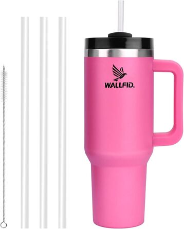 Термокружка WALLFID 40oz з нержавіючої сталі, вакуумна ізоляція, з кришкою, 3 трубочки та щітка для трубочок, для гарячих та холодних напоїв, ідеальна для кави, чаю, смузі та іншого (Рожева)