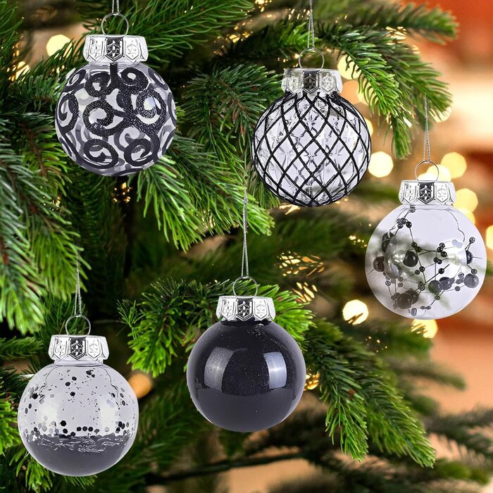 30 шт. Новорічні кулі - прикраси для ялинки, блакитні (прозорі, чорні), 6 см, ручної роботи, з петелькою