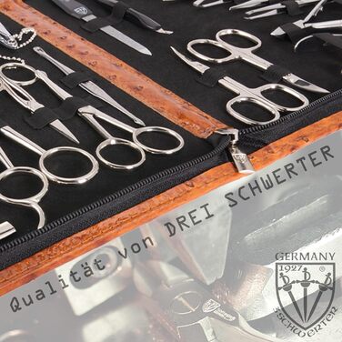 Набір для манікюру DREI SCHWERTER 'Varese' 23 шт. | Німецька якість, етикетка з кожним інструментом, чорний кейс з екошкіри | Манікюрний набір, ножиці, пінцет, ножиці для волосся, кусачки та багато іншого | Колір: Cognac