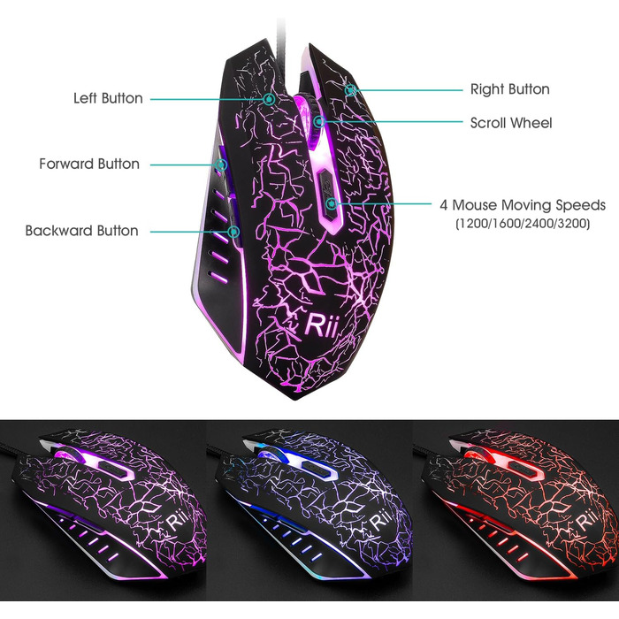 Rii Комплект клавіатури та миші для геймінгу та офісу, RGB підсвічування, сумісний з ПК (DE-розкладка, чорний)