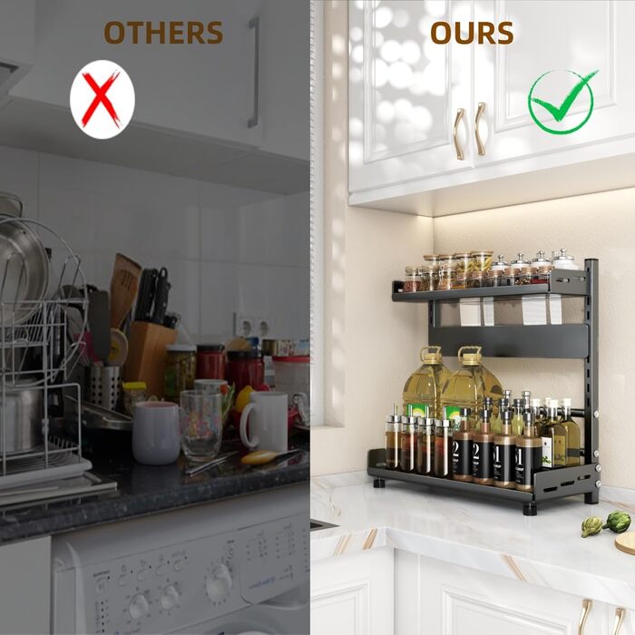 Металевий органайзер для спецій на 2 яруси, регульована висота, з захисним гратом та тримачем для ножів, чорний