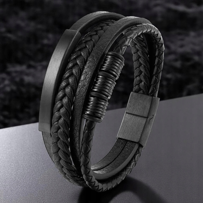 Чоловічий шкіряний браслет Lecerto, чорний, регульований (22 см) з гравіюванням