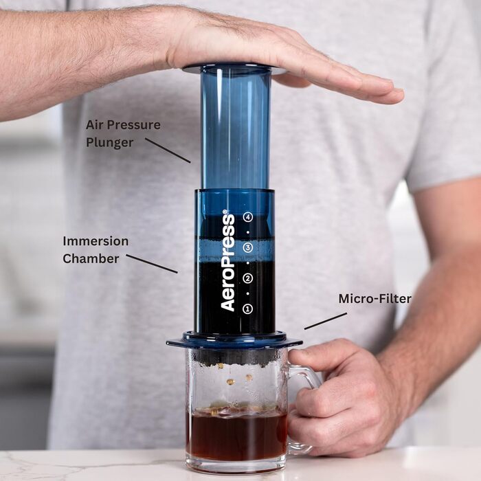 Прозора кавоварка AeroPress Clear Blue 3-в-1: френч-прес, пуровер та еспресо, портативна міні-кавомашина для подорожей і кемпінгу, без гіркоти, синя