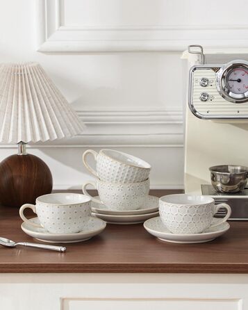 Набір кавових чашок MALACASA з блюдцем, 8 шт., для 4 особи, з рельєфом, 180 мл, кераміка, бежевий