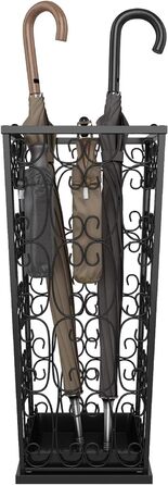 AcornFort Large Black Metal Umbrella Stand with 4 Hooks - Entryway, Office, Hallway Storage - Water Resistant Base (56x25x25cm)
