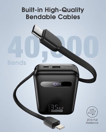 Powerbank 20000mAh з PD 35W, USB-C кабель, LED дисплеєм та 8 Pin кабелем. Чорний акумулятор для iPhone, iPad, Samsung Galaxy, Huawei та інших пристроїв