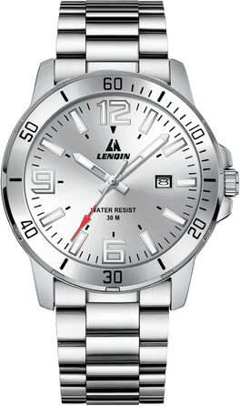 Годинник чоловічий LN LENQIN з нержавіючої сталі, водонепроникний, з датою, кварцовий, аналоговий, білий (сріблястий)