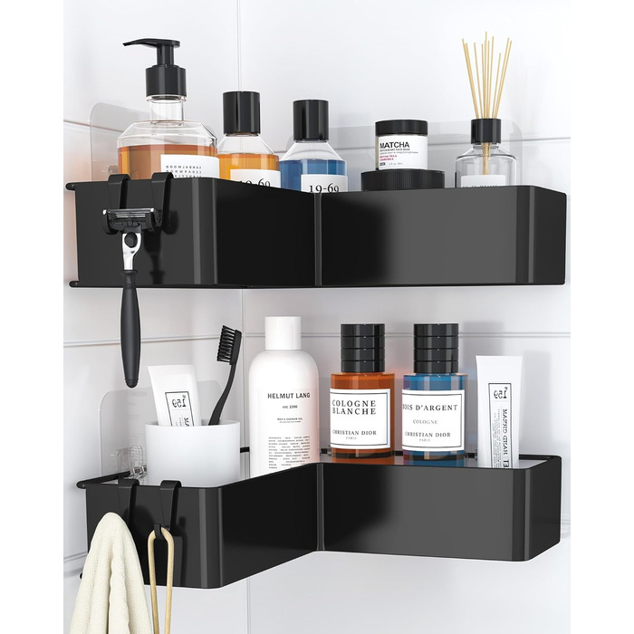 Поличка для душу Kitsure L-подібної форми без свердління - 2 шт. Міцна поличка для кута без свердління з 4 гачками та клейкими смугами, нержавіюча сталь для ванної, кухні та пральні, 24,4 x 11,9 x 6,2 см, Чорний