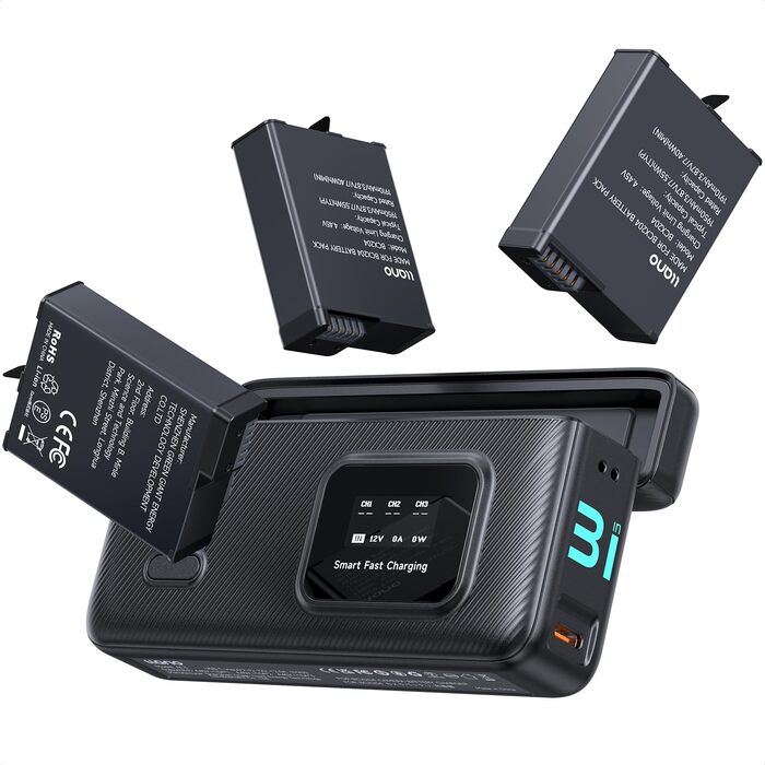 Зарядний пристрій LLANO AC3 30W з 3 акумуляторами 1950mAh для DJI Osmo Action 6/5 Pro/4/3 & Osmo 360, трьохпортовий, PD-зарядка, LED-дисплей, портативний кейс