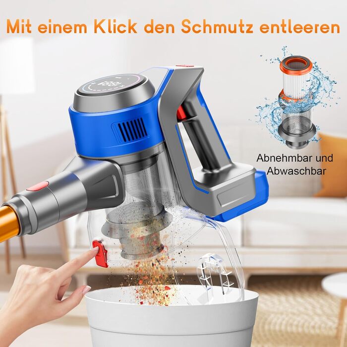 Бездротовий акумуляторний пилосос 45000 Па / 45 хв - 1,6 л з LED-дисплеєм, антизаплутувальною насадкою, тихий (<60 дБ), HEPA-фільтр, для видалення шерсті тварин, килимів, твердих поверхонь, авто, блакитний