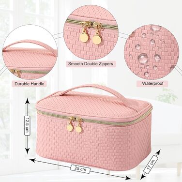 Жіноча косметичка для подорожей, водонепроникна, з відділенням для пензлів, з PU шкіри, велика, органайзер, сумка для макіяжу (Хвилястий зелений) (Світло-рожевий)
