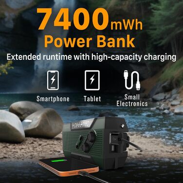 Радіоприймач FosPower NOAA/AM/FM з Power Bank 19240 мАг (5200 мАг) - сонячна/USB зарядка, ручний генератор, SOS-сигнал, ліхтарик, помаранчевий (Модель A1)