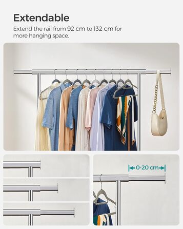 SONGMICS Heavy-Duty Clothes Rack, 2-Piece Set, Rolling Garment Rack, Holds up to 90 kg, with Extendable Wardrobe Rack, Folding Base, Shelf for Boxes, Silver HSR013S02