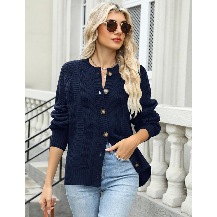 Жіночий кардиган Rapbin: короткий рукав, в'язаний, вільний крій, повсякденний стиль, осінь, з ґудзиками, темно-синій