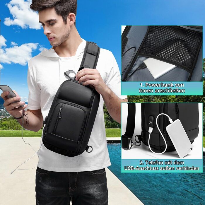 Чоловіча сумка-слінг Crossbody через плече, водонепроникна нагрудна сумка з USB-портом для подорожей, роботи та спорту, чорна