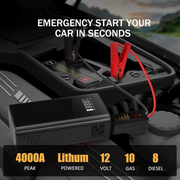 Powerbank з компресором для запуску авто 12V, 10L бензин/8L дизель, LED-ліхтар, швидка зарядка, чорний