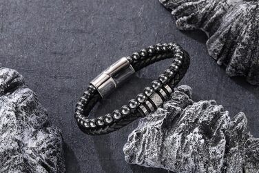 Чоловічий браслет PiercingJak з гематиту та тигрового ока, шкіряний, з нержавіючої сталі, з перлинками та шармом, 22 см, 2 ряди - гематит+шкіра