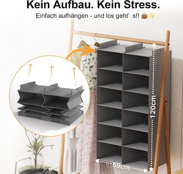 Організатор для шафи з 6 полицями, сірий - для одягу, з металевими гачками, компактний, для спальні, гуртожитку