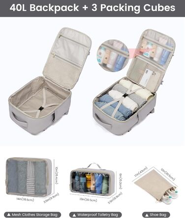 Рюкзак LOVEVOOK 40L для ручної поклажі в літак, жіночий, водонепроникний, з відділенням для ноутбука 17 дюймів, підходить для Easyjet, для подорожей, роботи, хайкінгу, оливково-бежевий (17.3 дюйми, світло-сіро-бежевий)