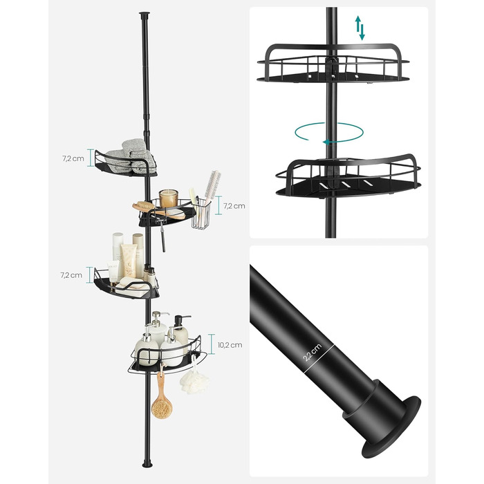 SONGMICS Поличка для душу та ванної кімнати, без свердління, 4 яруси, регульована висота, чорний BCB003B01