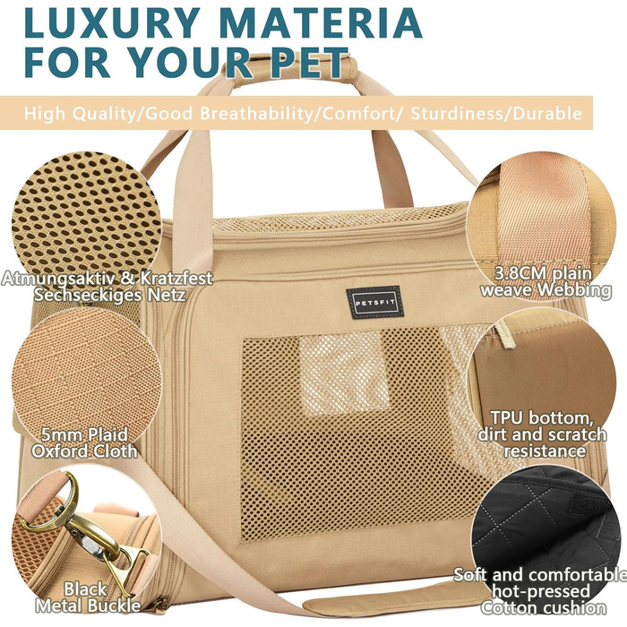 Транспортна переноска для котів та собак Petsfit, складана сумка-переноска, 50L x 33B x 33H см, з м'яким розкладним килимком та регульованим плечовим ременем, Khaki