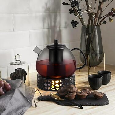 Чайник Ecooe 1,5 л із підставкою-підігрівачем, скляний з нержавіючою сталлю, чорний фільтр