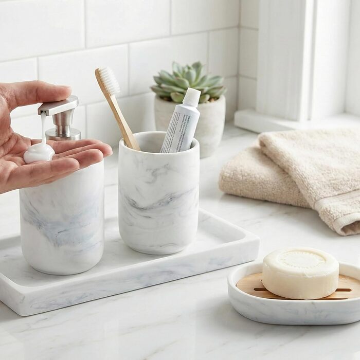 Набір для ванної кімнати 4 предмети з піддоном - дозатор для мила (цинковий сплав), стакан для зубних щіток, мильничка та поличка - мармуровий малюнок, бамбук - сучасний органайзер Marble