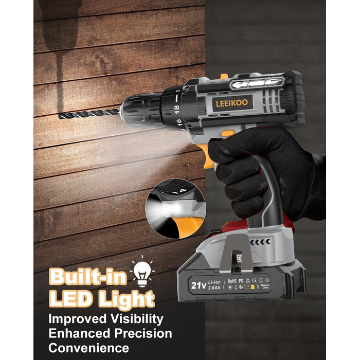 Акумуляторний шуруповерт LEEIKOO 21V, 42N.m, 2.0Ah, 10mm, 18+1, 20шт, LED, сірий