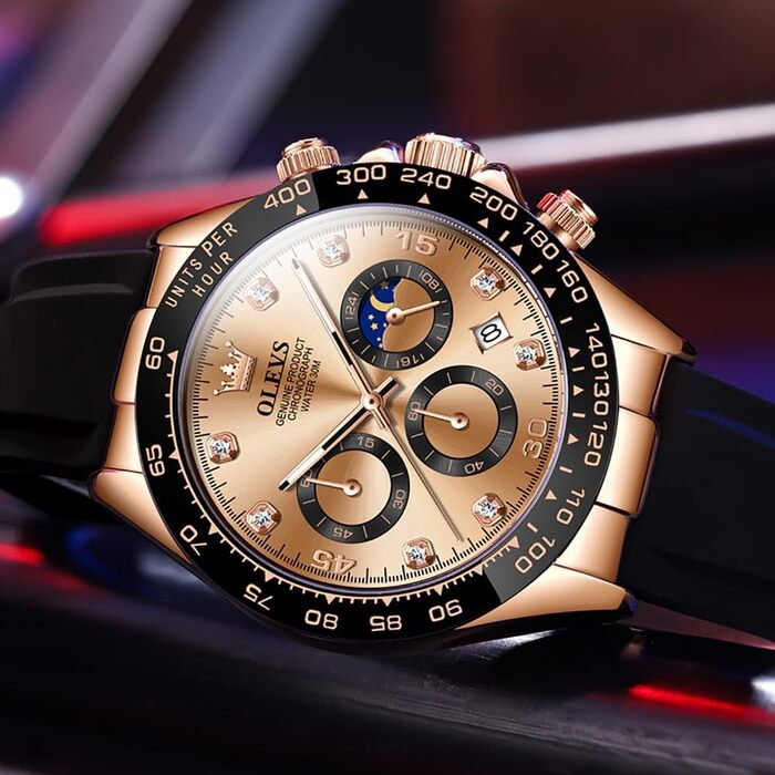 Чоловічий годинник OLEVS з хронографом, діамантами, календарем, водонепроникний (чорний ремінець, червоно-золотий циферблат)