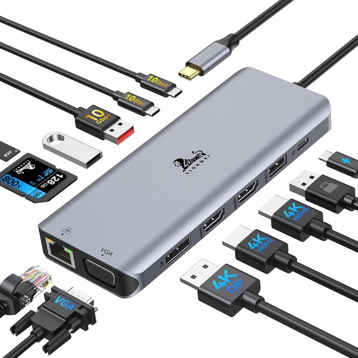 Док-станція USB-C для ноутбука з підтримкою 2 моніторів (Dual Monitor), 8 в 1: HDMI, DisplayPort, Ethernet, PD 100W, USB 3.0, сумісна з Dell, HP