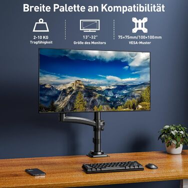 Кронштейн для монітора ELIVED EV6033W з газліфтом, для екранів 13-32 дюймів, VESA 75/100 мм, навантаження 2-10 кг, регулювання висоти, нахилу та повороту (чорний)