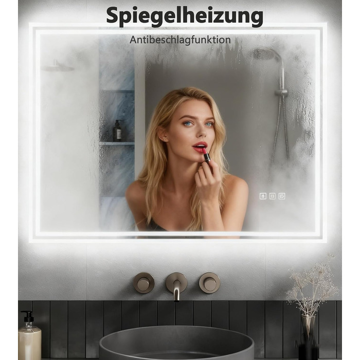 Дзеркало для ванної кімнати з підсвічуванням 60x50x3,5 см, LED, 6400K, холодний білий, енергозбереження, вертикальне/горизонтальне, з вимикачем, антизапар, 3 колірні температури