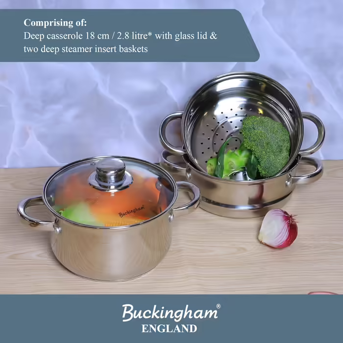 Пароварка Buckingham, 3-рівнева, з скляною кришкою, 18 см