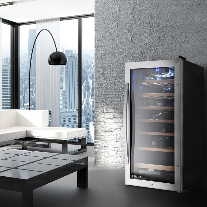 Витримання вина Klarstein Vivo Wine 26 - винний льох на 26 пляшок, 88 л, LED, регулювання температури, мінливий петельний механізм, двері з обох сторін, нержавіюча сталь, сріблястий колір