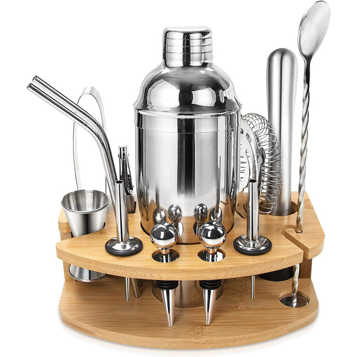 Cocktail Shaker Set, Stainless Steel Cocktail Set, 14-Piece Bartender Kit Bar Accessories, Cocktail Mixer Set with Wooden Stand, 750ML Cocktail Gift Set for Home or the Bar.