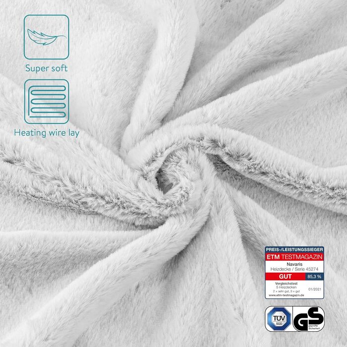 Електрична ковдра Navaris XXL з підігрівом 180x130 см, 3 режими, автовимкнення, пральна, м'яка, темно-сіра (сіра/біле штучне хутро)
